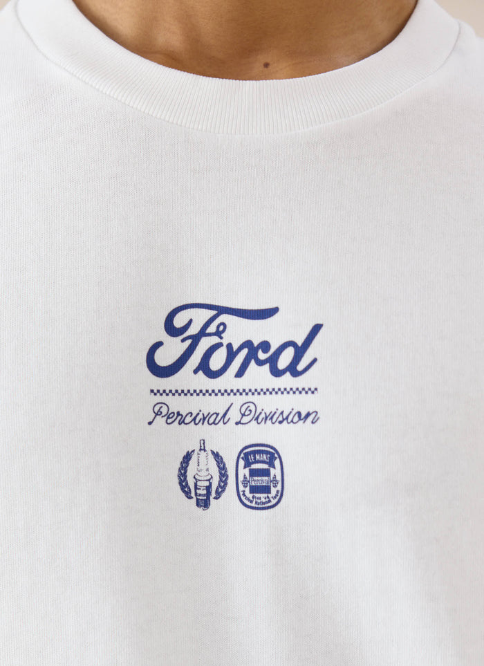 A close-up of the blue racing graphic on the white Ford x Percival organic cotton long sleeve t-shirt.