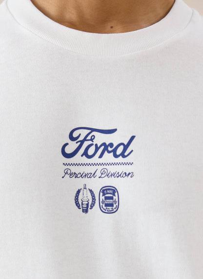 A close-up of the blue racing graphic on the white Ford x Percival organic cotton long sleeve t-shirt.