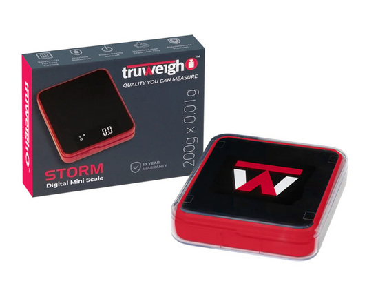 Truweigh Storm Digital Mini Scale with 200g capacity and 0.01g precision, featuring a compact design, backlit LCD, tare function, and protective cover for accurate and portable weighing.