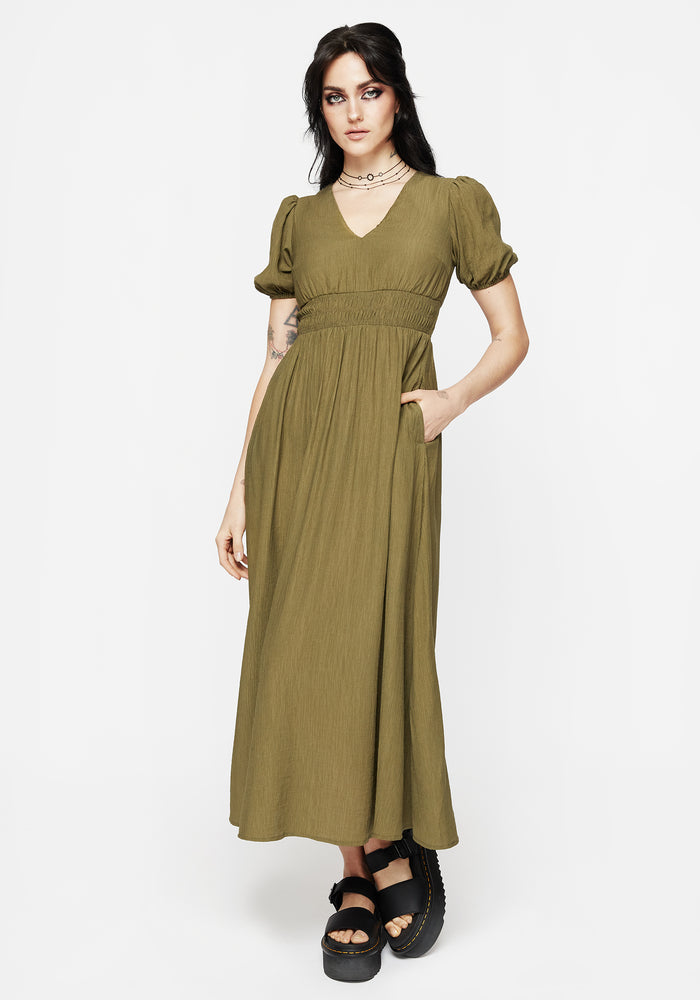 Tryphena Shirred V Neck Midaxi Dress