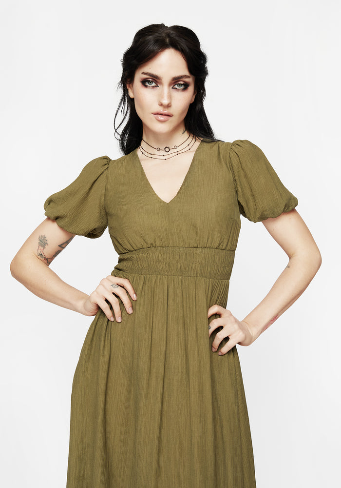 Tryphena Shirred V Neck Midaxi Dress