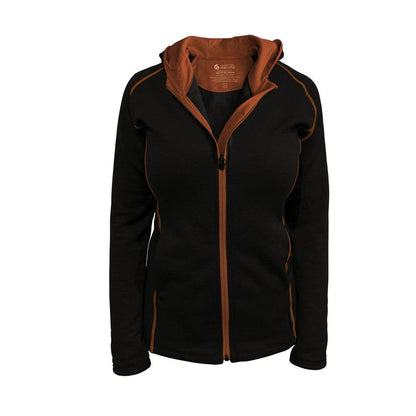 Tussock Ridge - Ladies Merino-Tencel Full Zip Jacket with Hood (MH303)Black/Copper