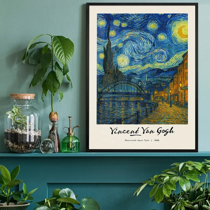 Van-Gogh's Painting of Newcastle Quayside Print black framed on a living room shelf