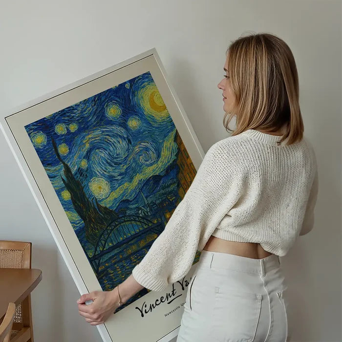 Van-Gogh's Painting of Newcastle Quayside Print held up against a living room wall