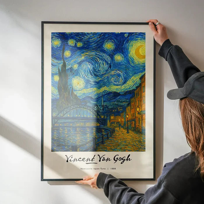 Van-Gogh's Painting of Newcastle Quayside Print being hung on a wall in a black frame