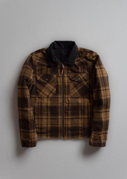 Brown plaid jacket with a black collar and buttoned chest pockets, displayed on a gray background.
