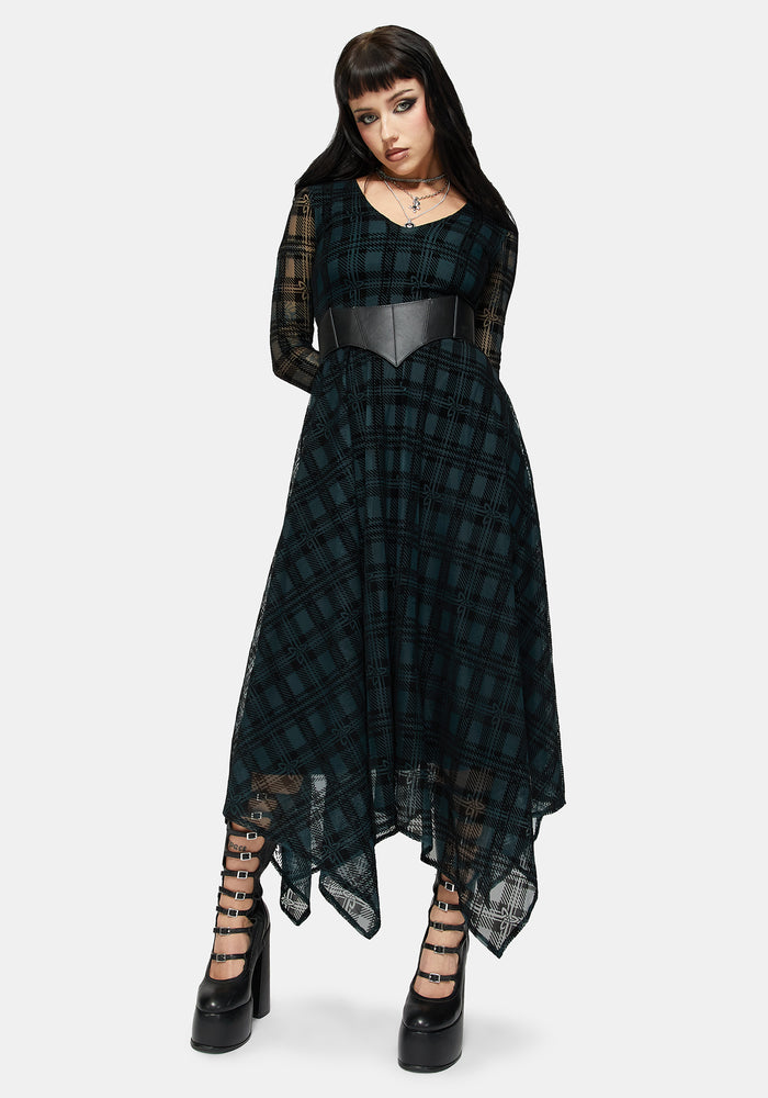 Vesica Flocked Witches Knot Hanky Hem Midi Dress