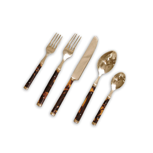 Beatriz Ball Vida Tortoise and Stainless Flatware — Five-piece setting with tortoise-pattern handles on white