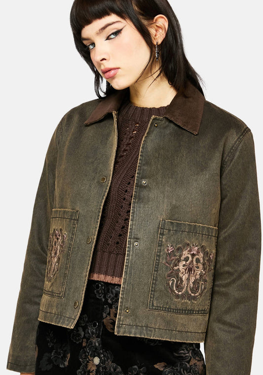 Vilethorn Waxed Cotton Dragon Embroidered Pocket Jacket