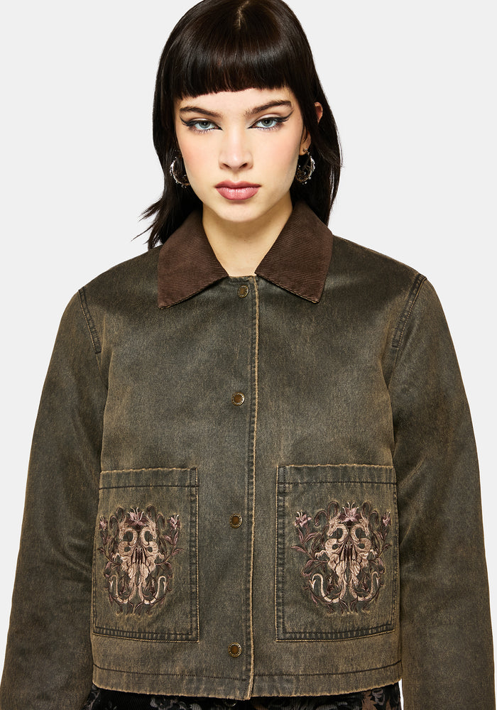 Vilethorn Waxed Cotton Dragon Embroidered Pocket Jacket