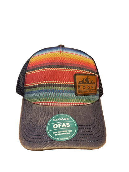 Waypoint Boone trucker hat with red multicolor woven front and brown brim