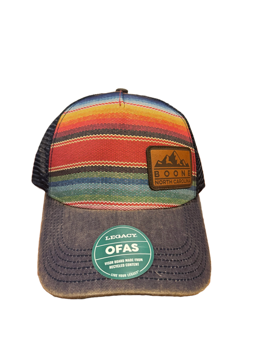 Waypoint Boone trucker hat with red multicolor woven front and brown brim