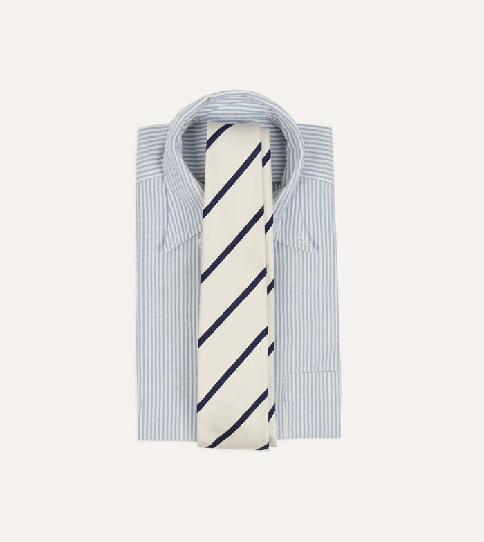 White and Navy Bar Stripe Repp Silk Tipped Tie