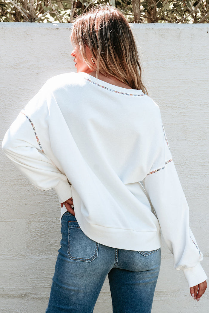 White Contrast Rainbow Trim Drop Shoulder Pullover Sweatshirt - Tops/Sweatshirts & Hoodies