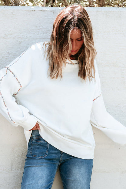White Contrast Rainbow Trim Drop Shoulder Pullover Sweatshirt - Tops/Sweatshirts & Hoodies