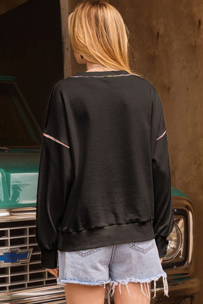 White Contrast Rainbow Trim Drop Shoulder Pullover Sweatshirt - Tops/Sweatshirts & Hoodies