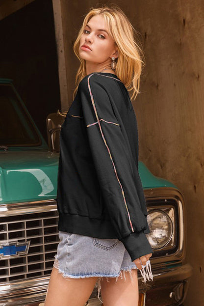 White Contrast Rainbow Trim Drop Shoulder Pullover Sweatshirt - Tops/Sweatshirts & Hoodies