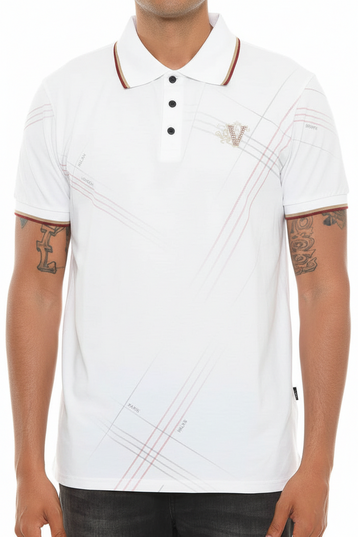 White Print Polo Button Down Shirt Cotton Blend