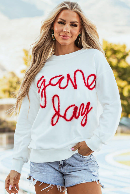 White Tinsel Game Day Drop Shoulder Graphic Sweatshirt - WHITE / S / 70% POLYESTER + 30% COTTON - Tops/Sweatshirts &
