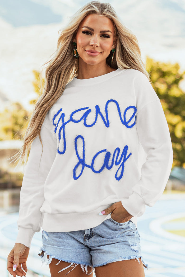 White Tinsel Game Day Drop Shoulder Graphic Sweatshirt - WHITE1 / S / 70% POLYESTER + 30% COTTON - Tops/Sweatshirts &