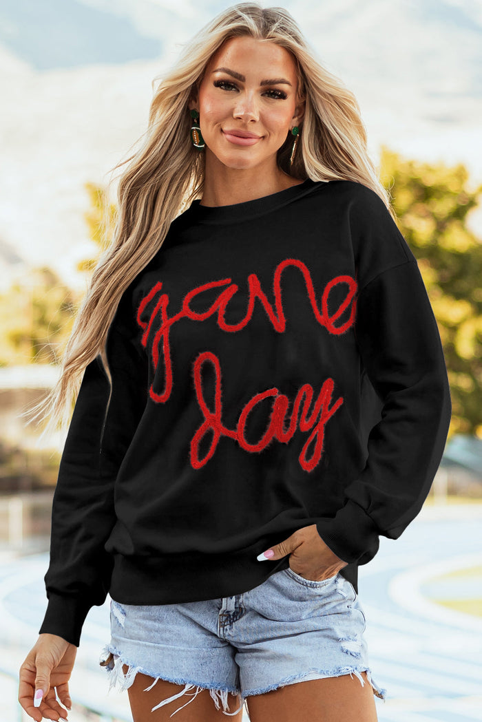 White Tinsel Game Day Drop Shoulder Graphic Sweatshirt - BLACK / S / 70% POLYESTER + 30% COTTON - Tops/Sweatshirts &