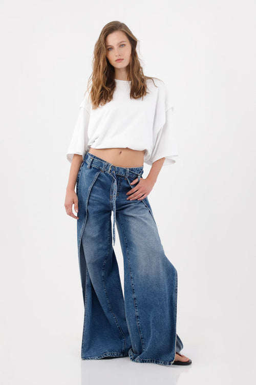 Wide leg jeans with side openings in blue cotton denim for women