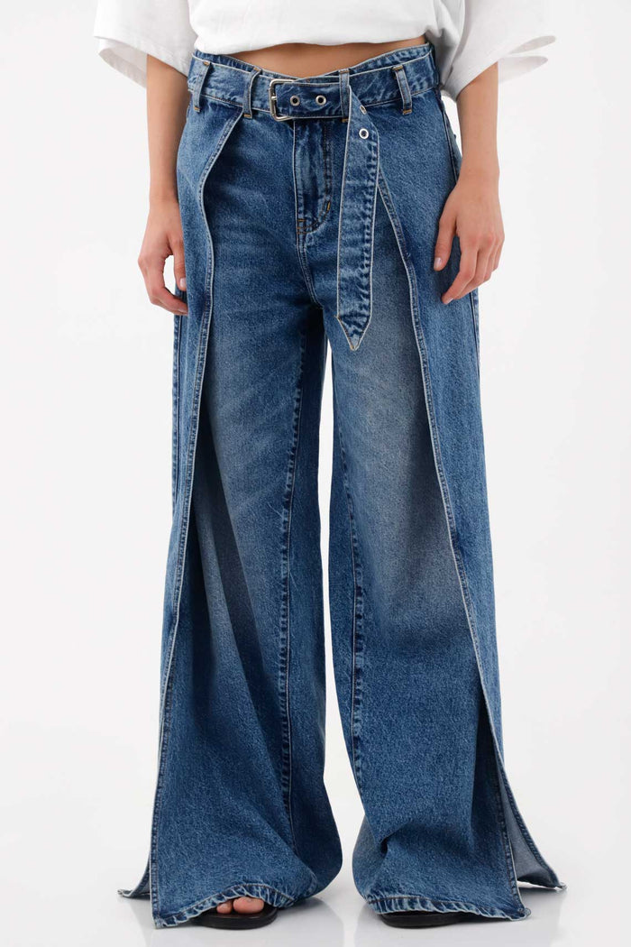 Wide leg jeans with side openings in blue cotton denim for women