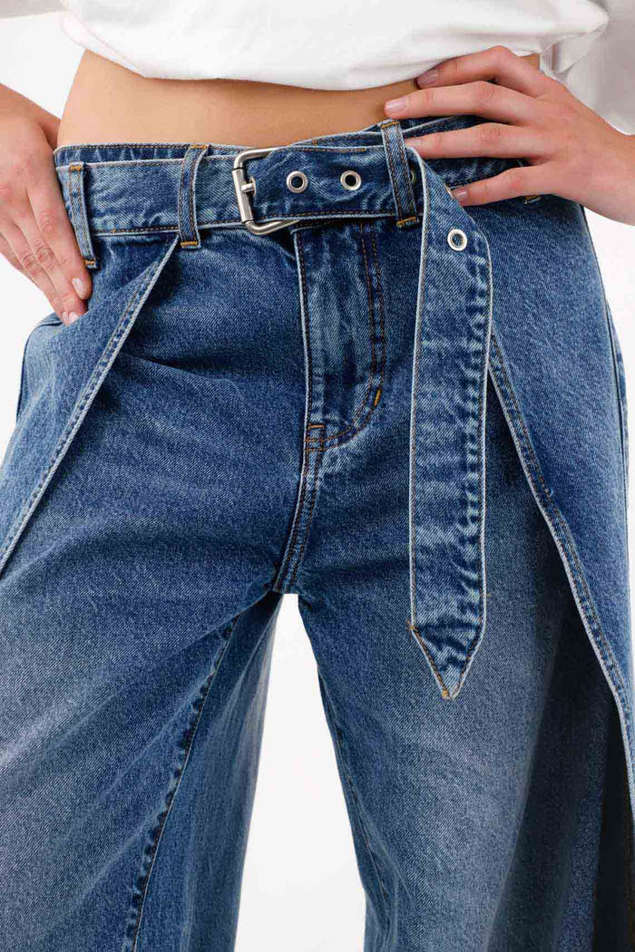 Wide leg jeans with side openings in blue cotton denim for women