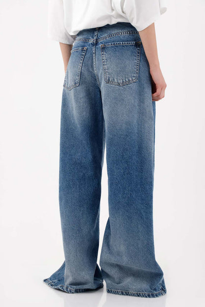 Wide leg jeans with side openings in blue cotton denim for women