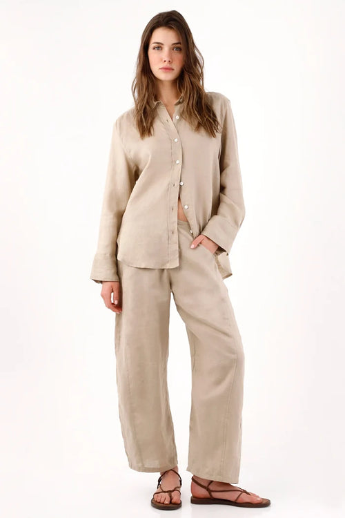 Wide Leg Pants for Women in Beige Linen with Relaxed Fit and Cropped Length