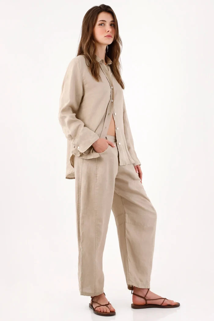 Wide Leg Pants for Women in Beige Linen with Relaxed Fit and Cropped Length