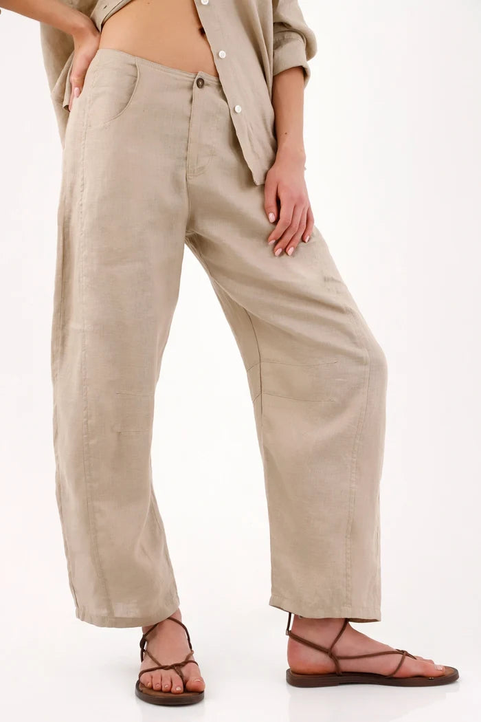 Wide Leg Pants for Women in Beige Linen with Relaxed Fit and Cropped Length