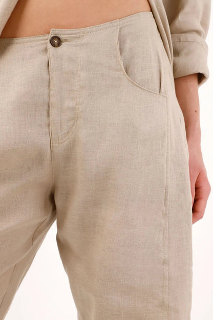 Wide Leg Pants for Women in Beige Linen with Relaxed Fit and Cropped Length