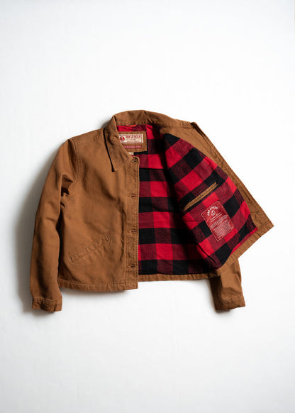 Brown jacket with red and black plaid lining, open to reveal interior label and pocket, displayed on a white background.