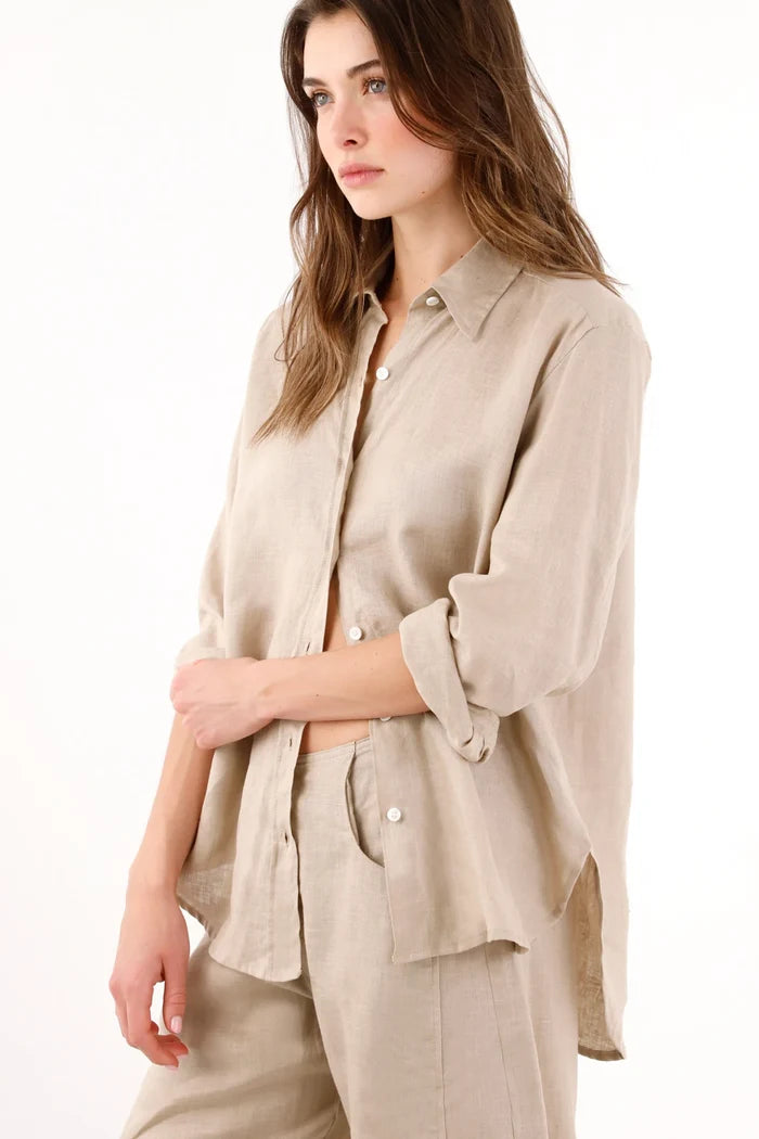 Women's Beige Linen Shirt with Straight Fit and Rounded Hem