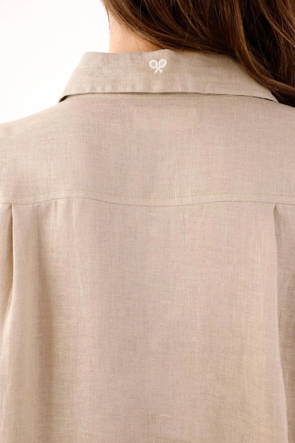 Women's Beige Linen Shirt with Straight Fit and Rounded Hem