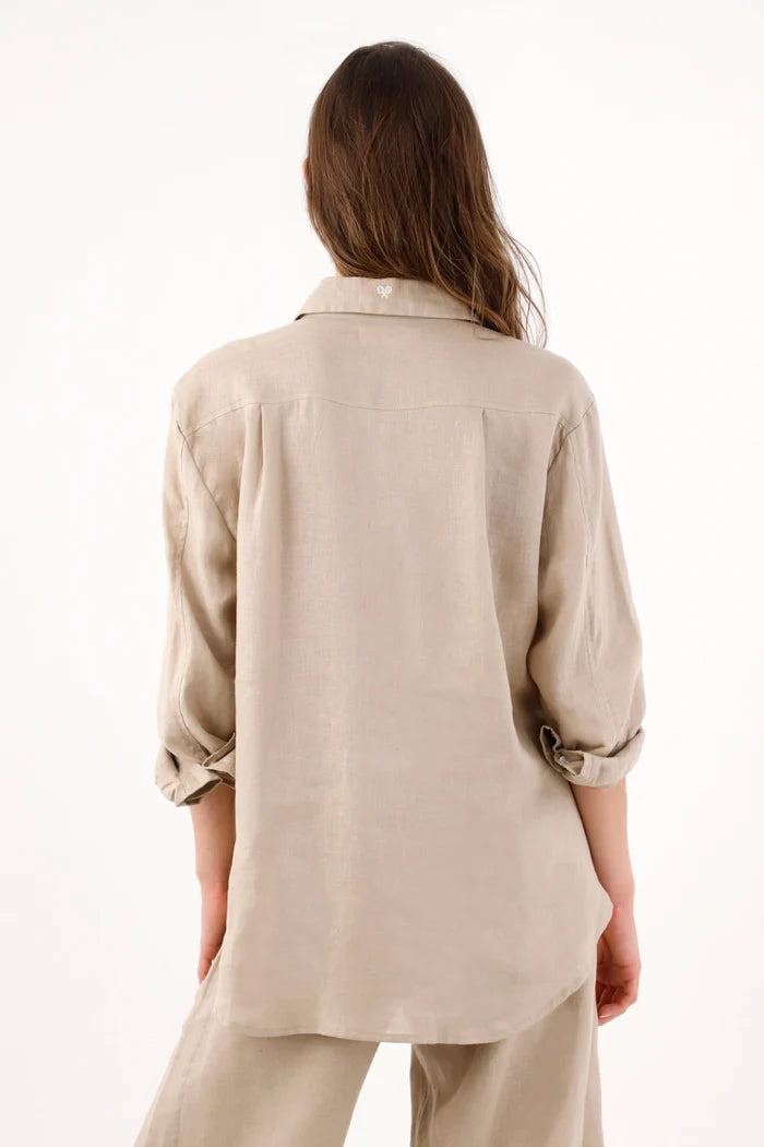 Women's Beige Linen Shirt with Straight Fit and Rounded Hem