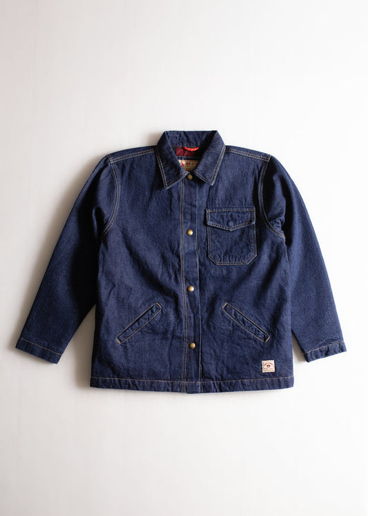 Denim jacket with button closure, chest pocket, and two side pockets, displayed on a white background.