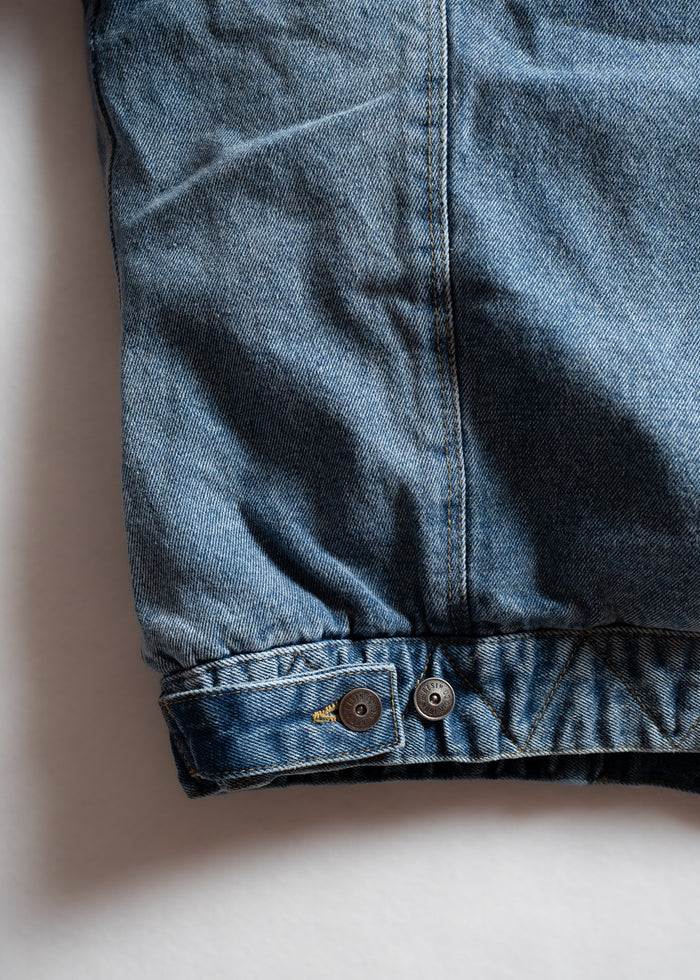 Close-up of a blue denim jacket's hem with two metal buttons on a white background, highlighting texture and stitching details.