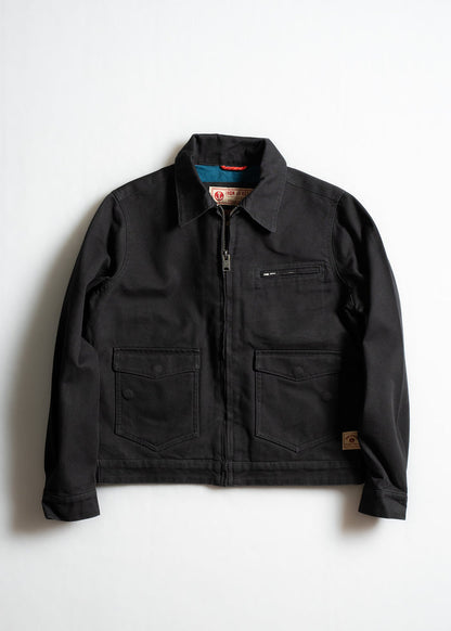 Black jacket with a front zipper, two large pockets, and a small chest pocket, laid flat on a white background.