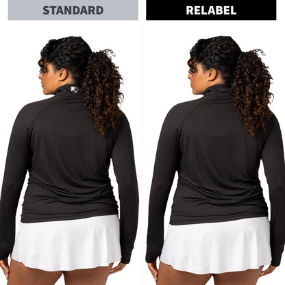 Side-by-side comparison of a woman from the back wearing a black long-sleeve athletic top with a white tennis skirt. The left side is labeled 'STANDARD' and shows lable on the back yoke =. The right side is labeled "Relabel" and does not have a logo on the back yoke.