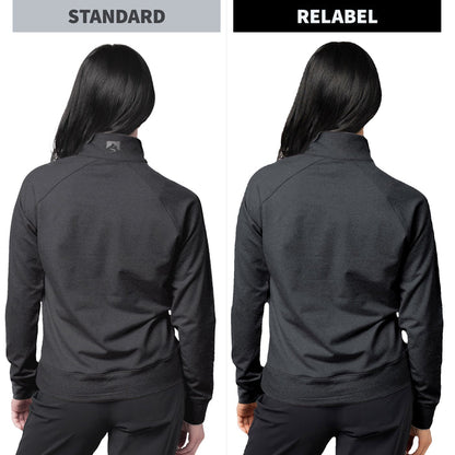 Side-by-side comparison of a woman from the back wearing a dark gray athletic jacket, labeled 'STANDARD' on the left and 'RELABEL' on the right, showing the difference in branding placement.