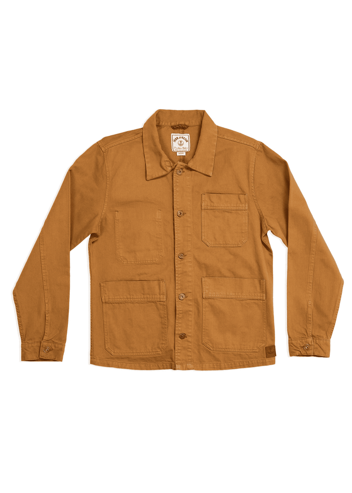 Brown workwear jacket with button front, three pockets, and a collar, laid flat on a white background.