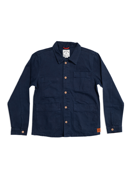 Navy blue chore jacket with four pockets and brown buttons, laid flat on a white background, showcasing its classic design.