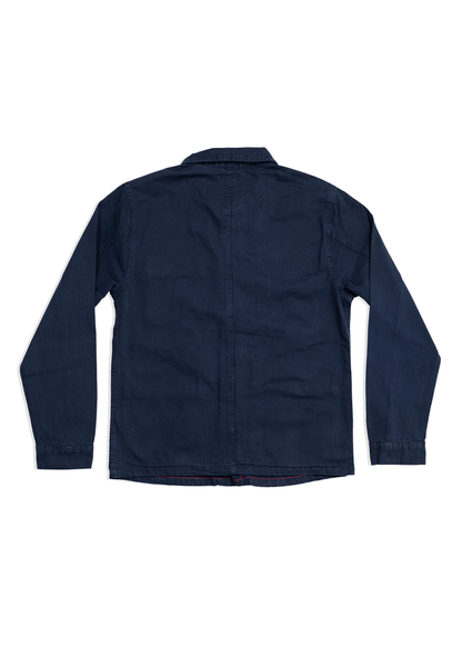 Navy blue long-sleeve shirt shown from the back, featuring a simple design with a straight hem and visible seam down the center.