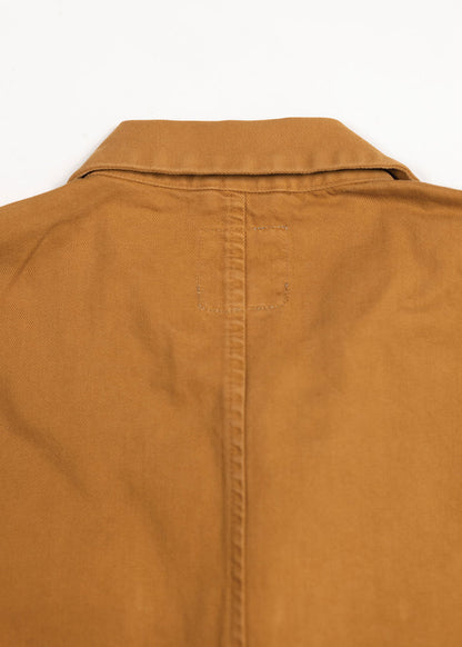 Close-up of a brown jacket's back, showing a neat collar and central seam. The fabric appears durable and well-stitched.
