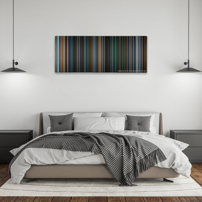 X2: X-Men United color palette canvas above a bed, between two black pendant lamps