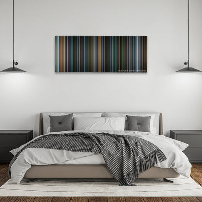 X2: X-Men United color palette canvas above a bed, between two black pendant lamps