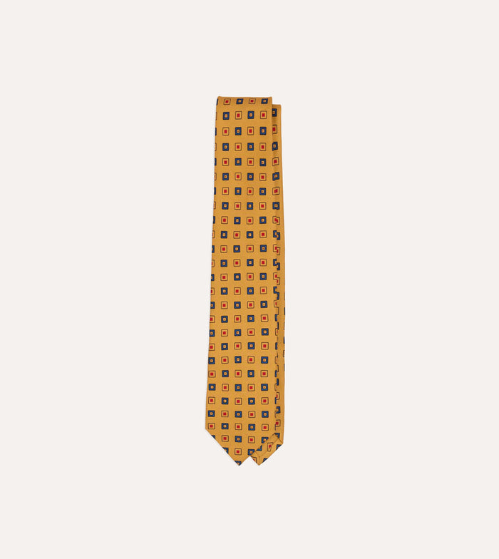 Yellow Geometric Diamond Print Silk Self-Tipped Tie