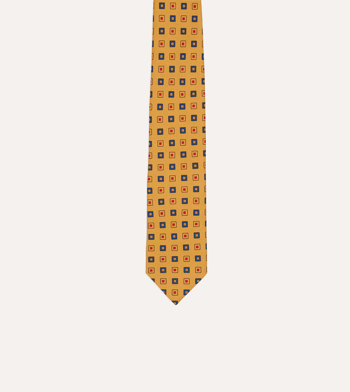 Yellow Geometric Diamond Print Silk Self-Tipped Tie
